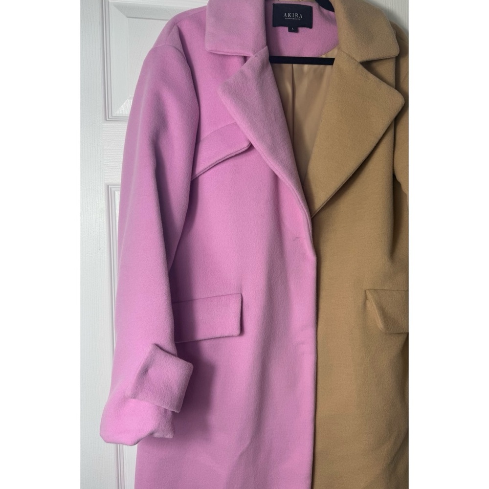 AKIRA Sherbert Colorblock Pink Tan Longline Trench Coat Jacket Size L - Picture 3 of 6